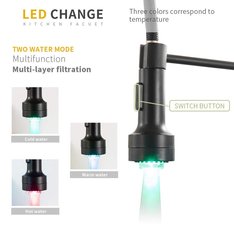 AIMADI Kitchen Faucet with Sprayer, Modern Single Handle Pull Down Sprayer Spring Matte Black Kitchen Sink Faucet with LED Light - Image 4